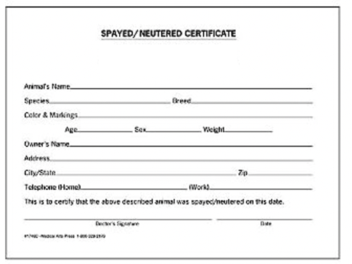 Spay/neuter certificate example